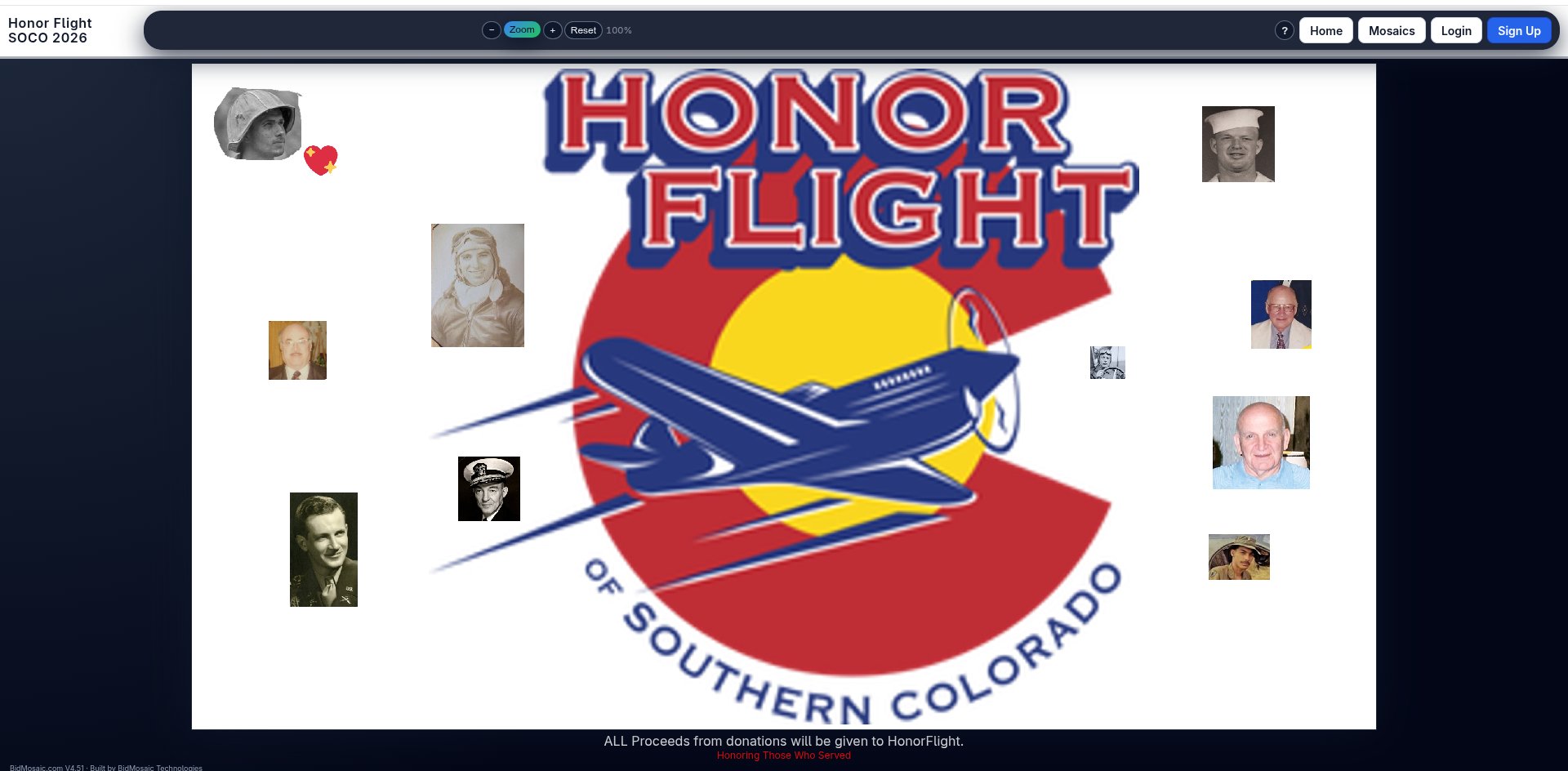 A live BidMosaic campaign for Honor Flight Southern Colorado 2026, showing the Honor Flight logo with veteran portraits placed across the canvas as community contributions.