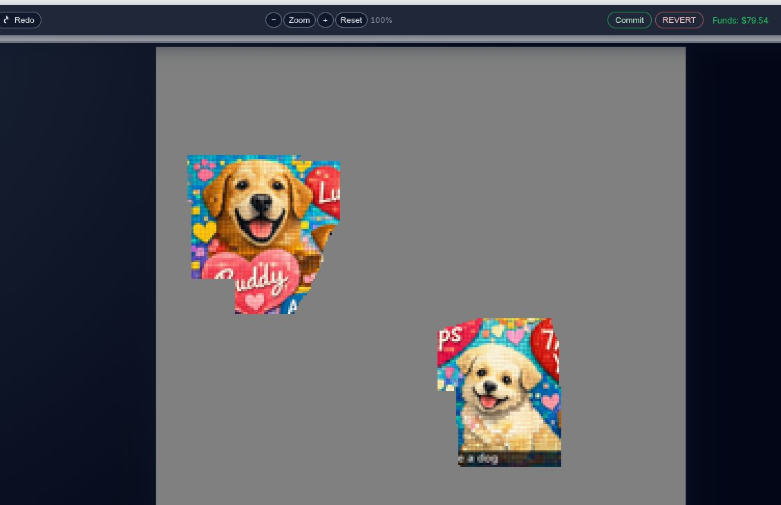 A scratch-off mosaic in progress: the National Mill Dog Rescue campaign mid-reveal, with two dog photos already uncovered against the gray covered canvas.